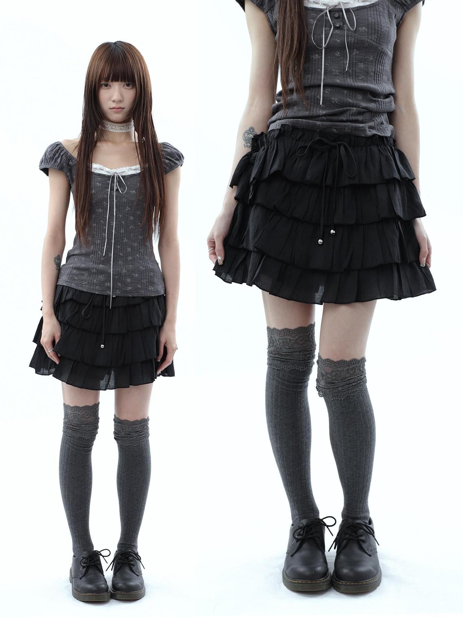 ang project Korean Pleated Drawstring Elastic Waist Puff Cake Women&