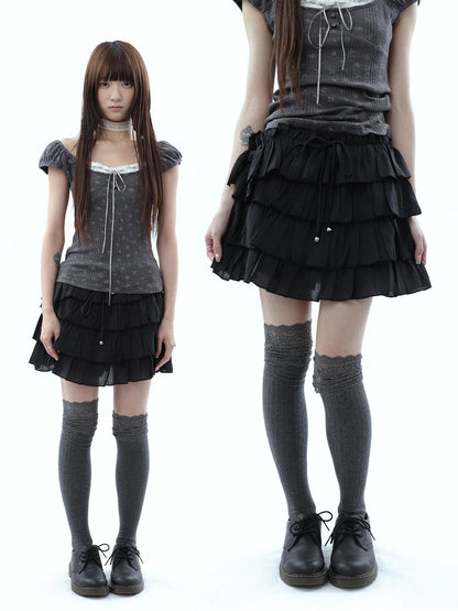 ang project Korean Pleated Drawstring Elastic Waist Puff Cake Women&