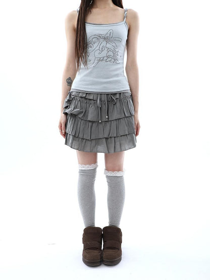 ang project Korean Pleated Drawstring Elastic Waist Puff Cake Women&