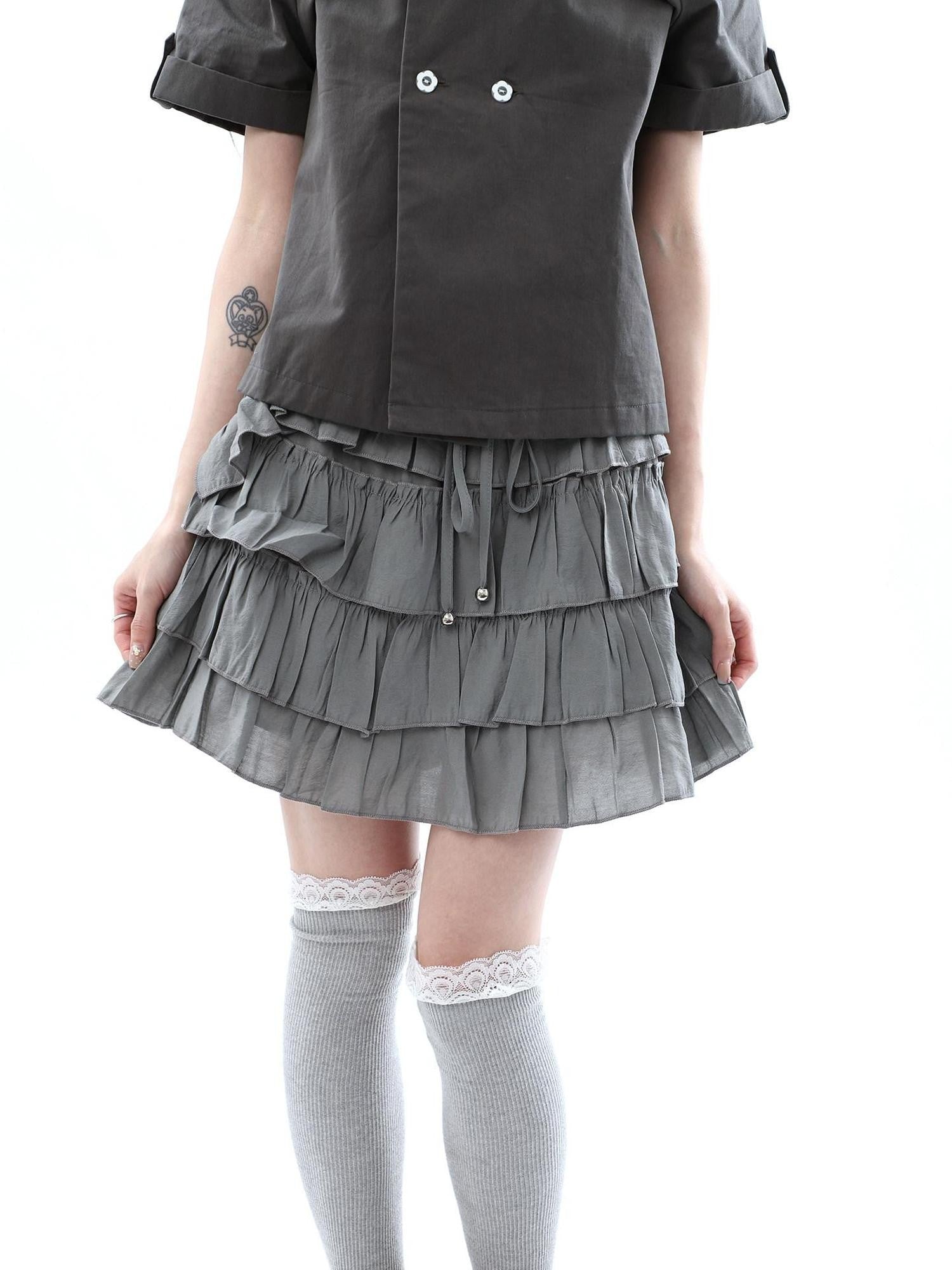 ang project Korean Pleated Drawstring Elastic Waist Puff Cake Women&
