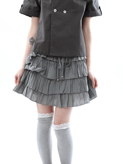 ang project Korean Pleated Drawstring Elastic Waist Puff Cake Women&