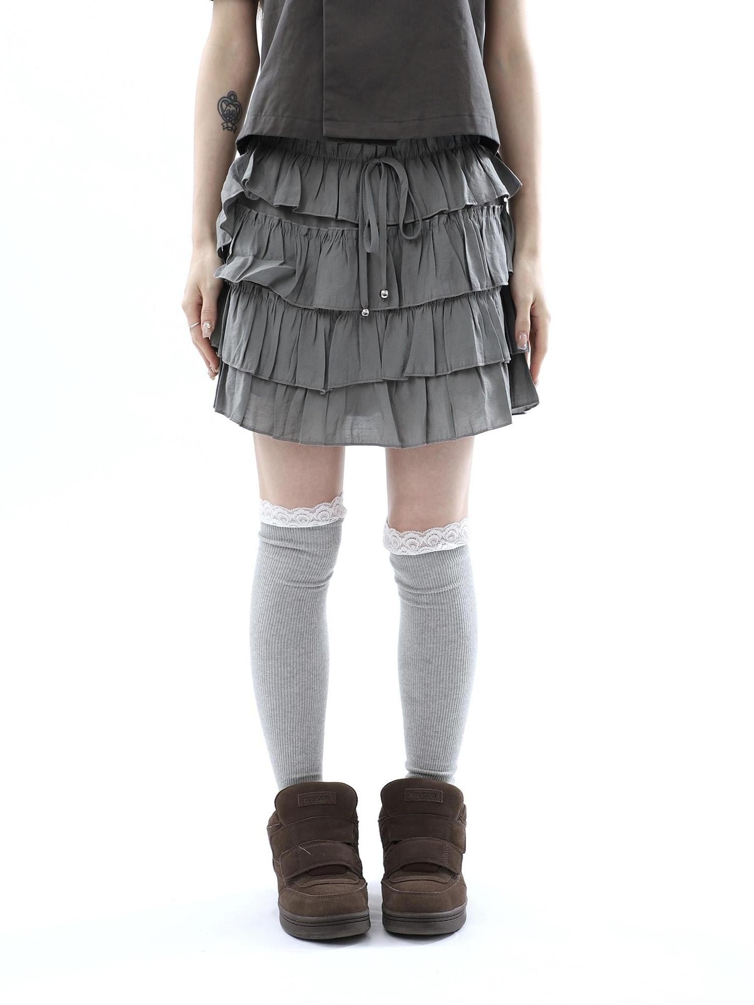 ang project Korean Pleated Drawstring Elastic Waist Puff Cake Women&