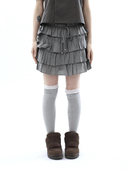 ang project Korean Pleated Drawstring Elastic Waist Puff Cake Women&