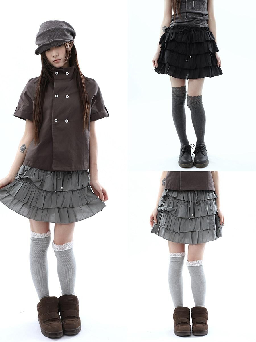 ang project Korean Pleated Drawstring Elastic Waist Puff Cake Women&