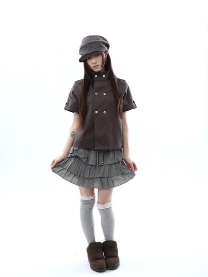 ang project Korean Pleated Drawstring Elastic Waist Puff Cake Women&