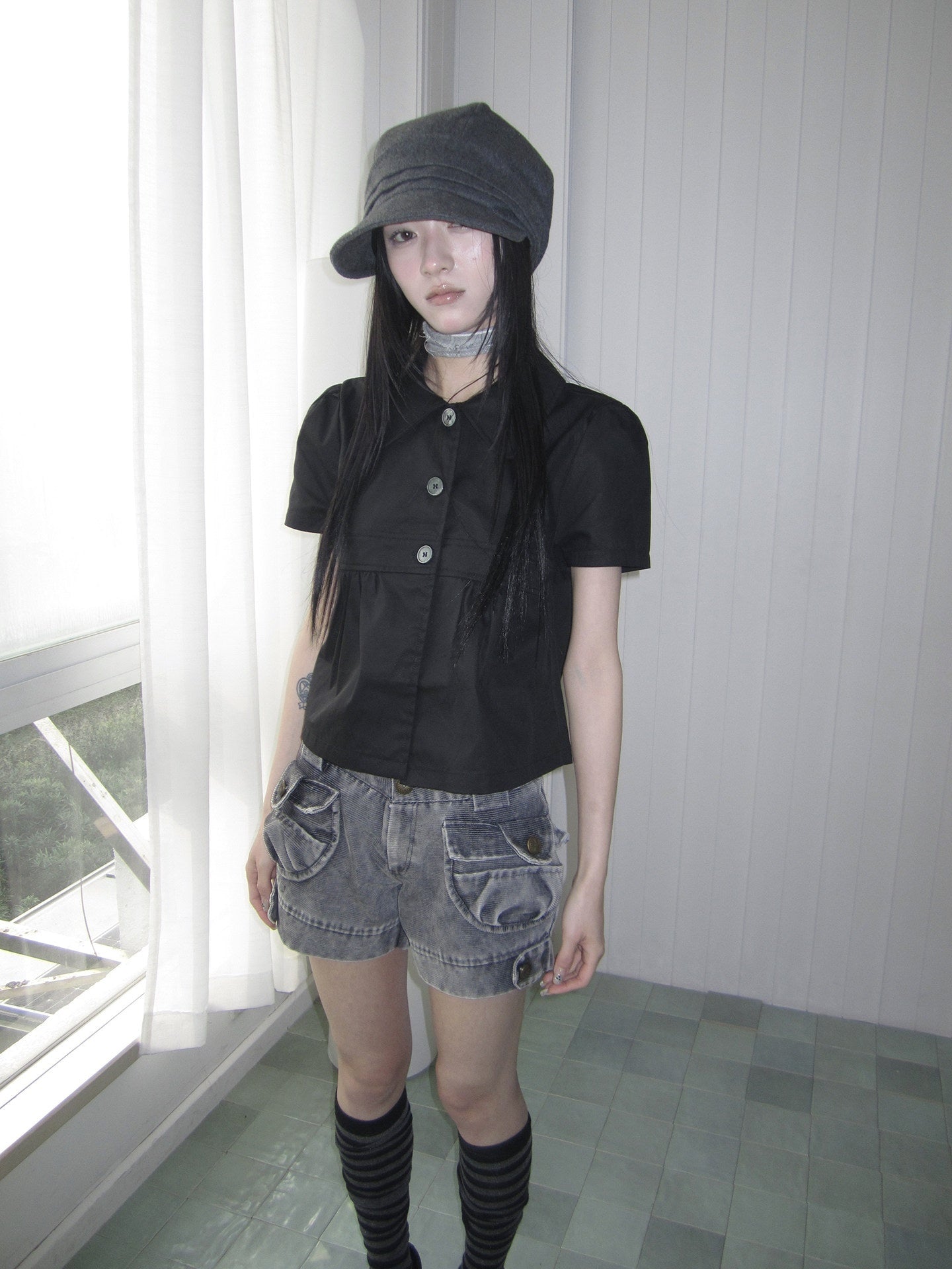 ang_project_Korean_Pleated_Three_Button_Collared_Short_Sleeve_Cropped_Women&
