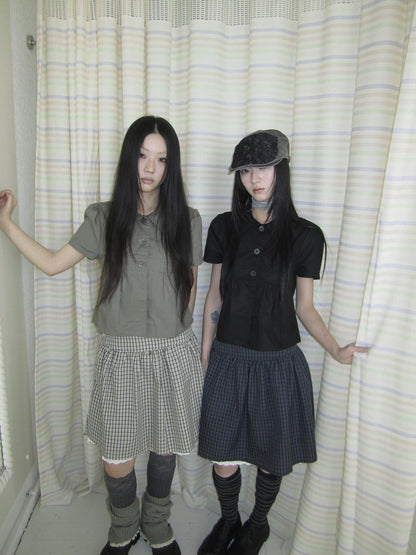 ang project Korean Pleated Three Button Collared Short Sleeve Cropped Women&