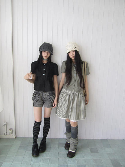 ang project Korean Pleated Three Button Collared Short Sleeve Cropped Women&