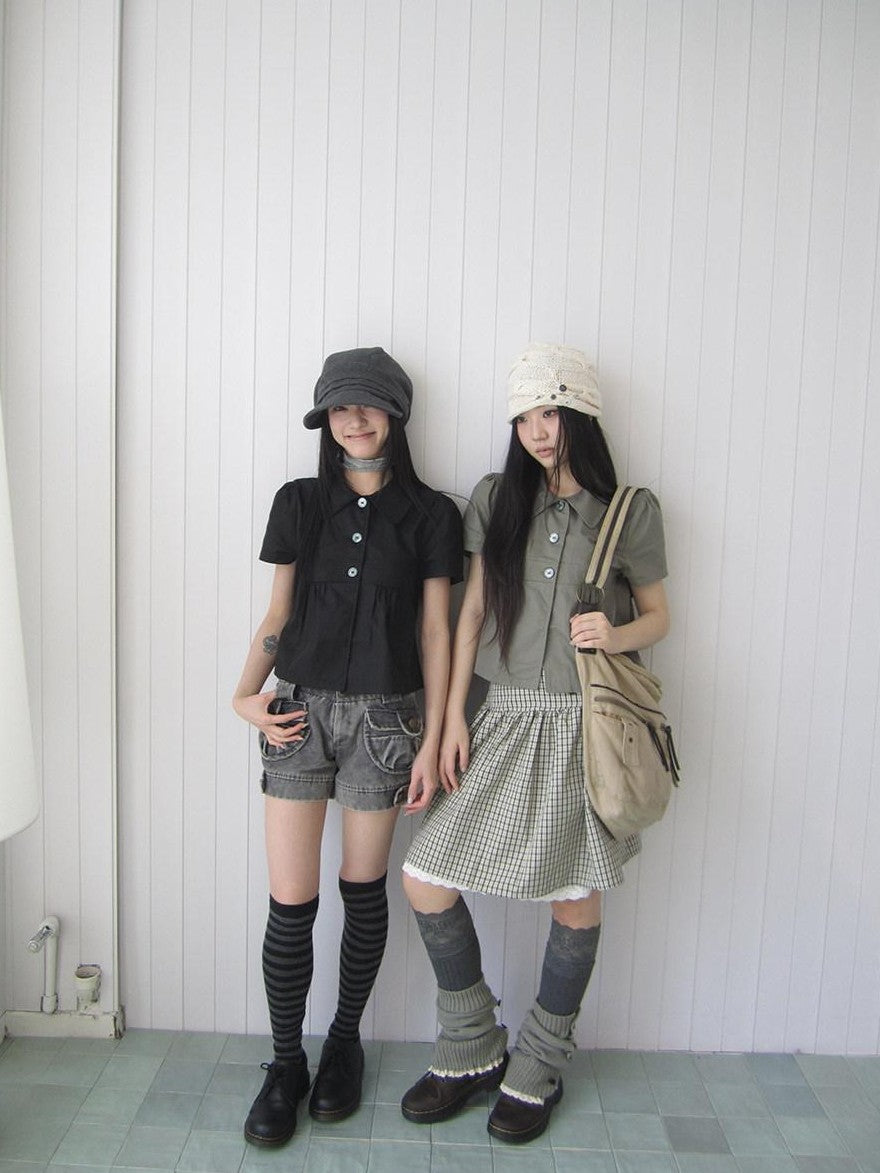 ang project Korean Pleated Three Button Collared Short Sleeve Cropped Women&