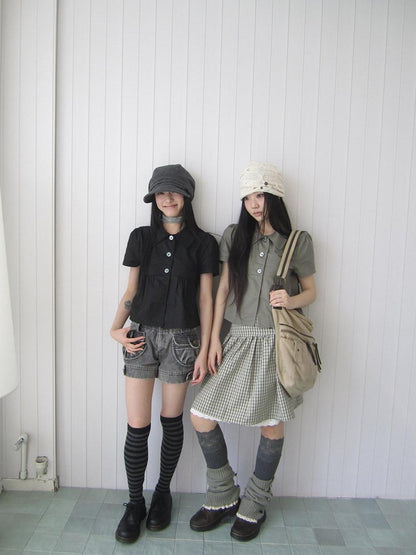ang project Korean Pleated Three Button Collared Short Sleeve Cropped Women&