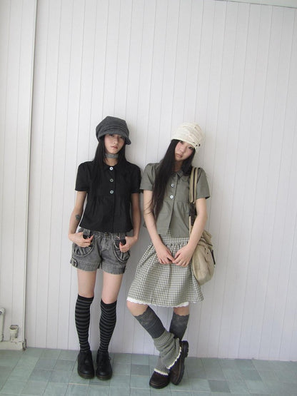 ang project Korean Pleated Three Button Collared Short Sleeve Cropped Women&