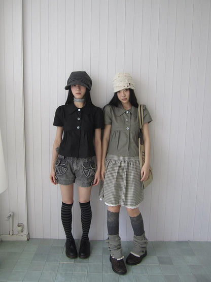 ang project Korean Pleated Three Button Collared Short Sleeve Cropped Women&