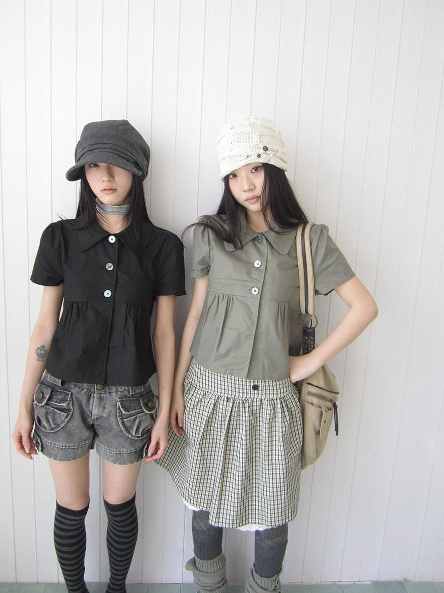 ang project Korean Pleated Three Button Collared Short Sleeve Cropped Women&