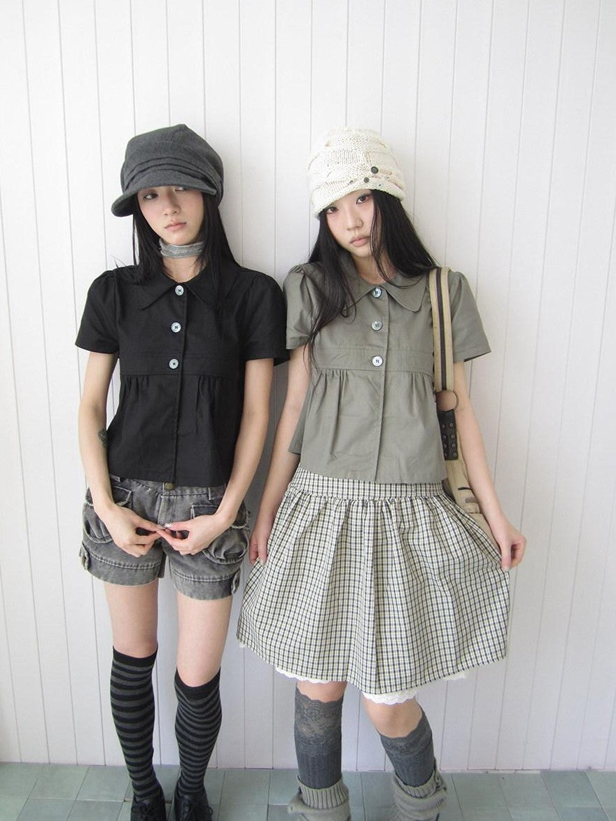 ang project Korean Pleated Three Button Collared Short Sleeve Cropped Women&