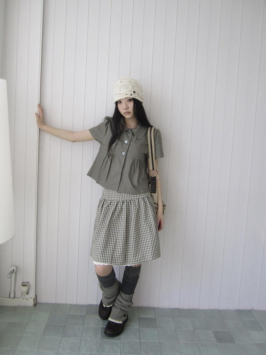 ang project Korean Pleated Three Button Collared Short Sleeve Cropped Women&