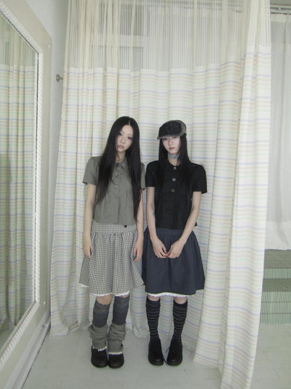 ang project Korean Pleated Three Button Collared Short Sleeve Cropped Women&