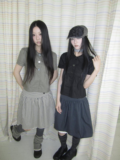 ang project Korean Pleated Three Button Collared Short Sleeve Cropped Women&