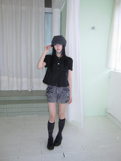 ang project Korean Pleated Three Button Collared Short Sleeve Cropped Women&