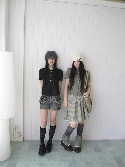 ang project Korean Pleated Three Button Collared Short Sleeve Cropped Women&