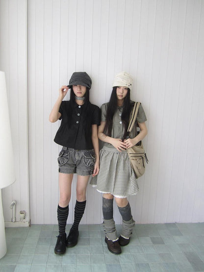 ang project Korean Pleated Three Button Collared Short Sleeve Cropped Women&