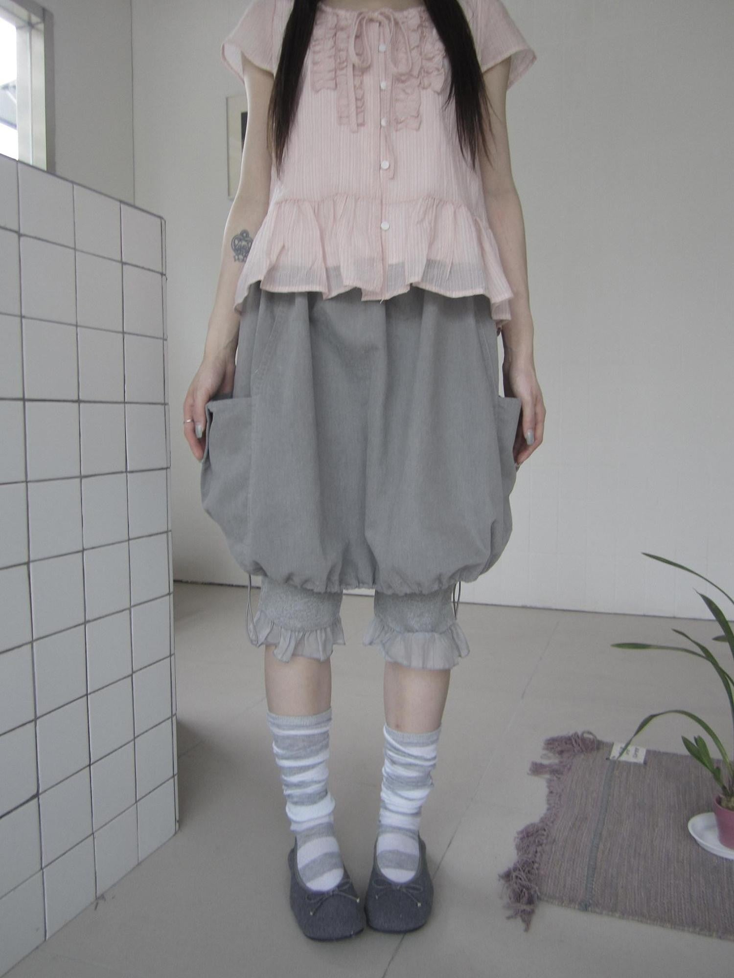 ang project Korean Retro Big Pocket Drawstring Elastic Waist Women&