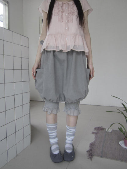ang project Korean Retro Big Pocket Drawstring Elastic Waist Women&