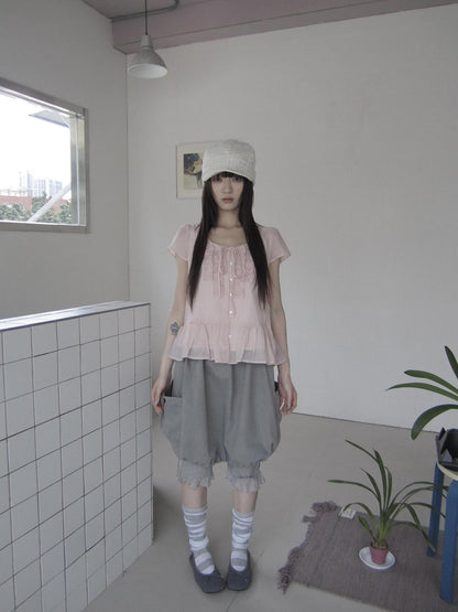 ang project Korean Retro Big Pocket Drawstring Elastic Waist Women&