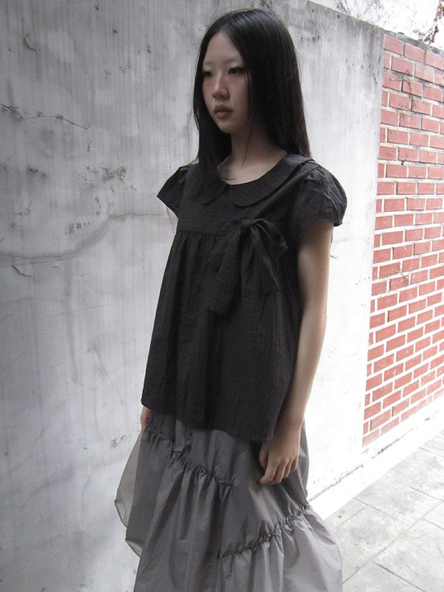 ang project Korean Retro Brown Check Bow Tie Short Sleeve Shirt