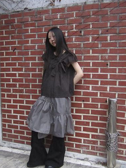ang project Korean Retro Brown Check Bow Tie Short Sleeve Shirt