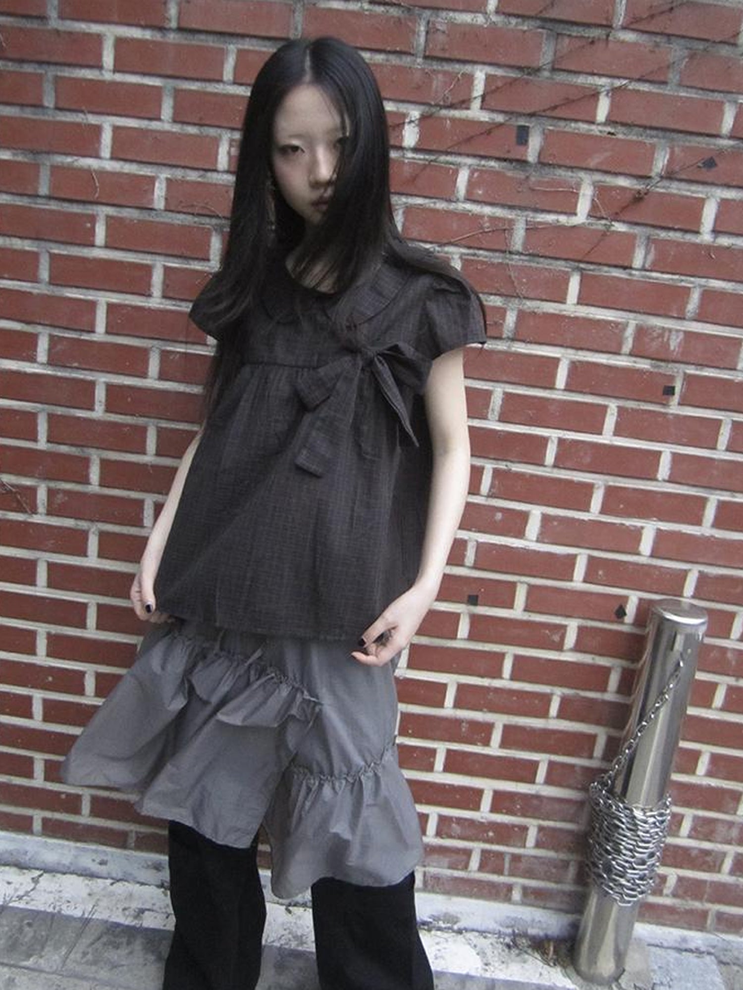 ang project Korean Retro Brown Check Bow Tie Short Sleeve Shirt