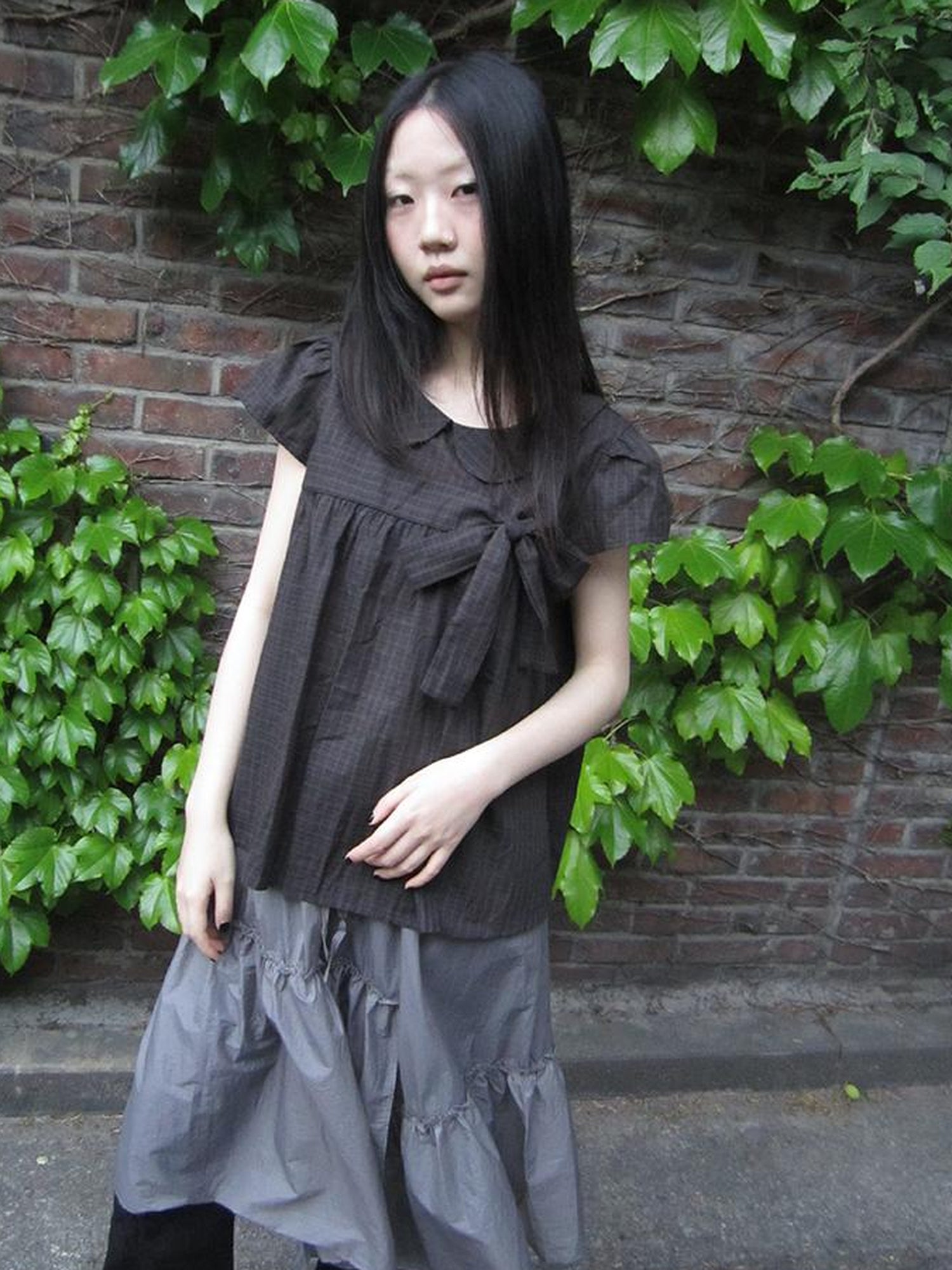 ang project Korean Retro Brown Check Bow Tie Short Sleeve Shirt