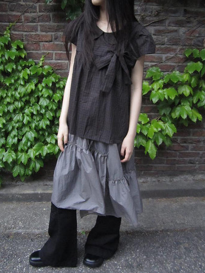 ang project Korean Retro Brown Check Bow Tie Short Sleeve Shirt