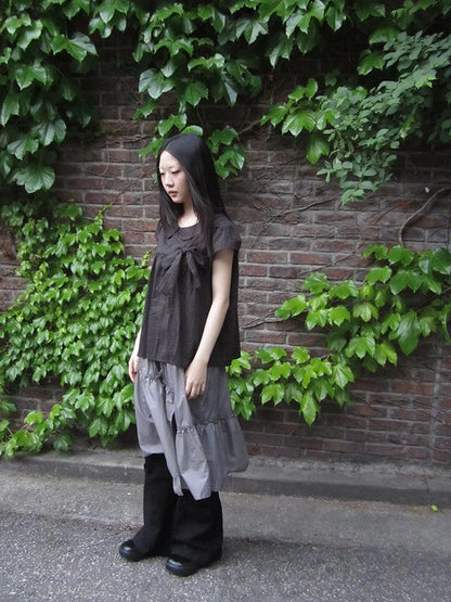 Korean Retro Brown Check Bow Tie Short Sleeve Shirt