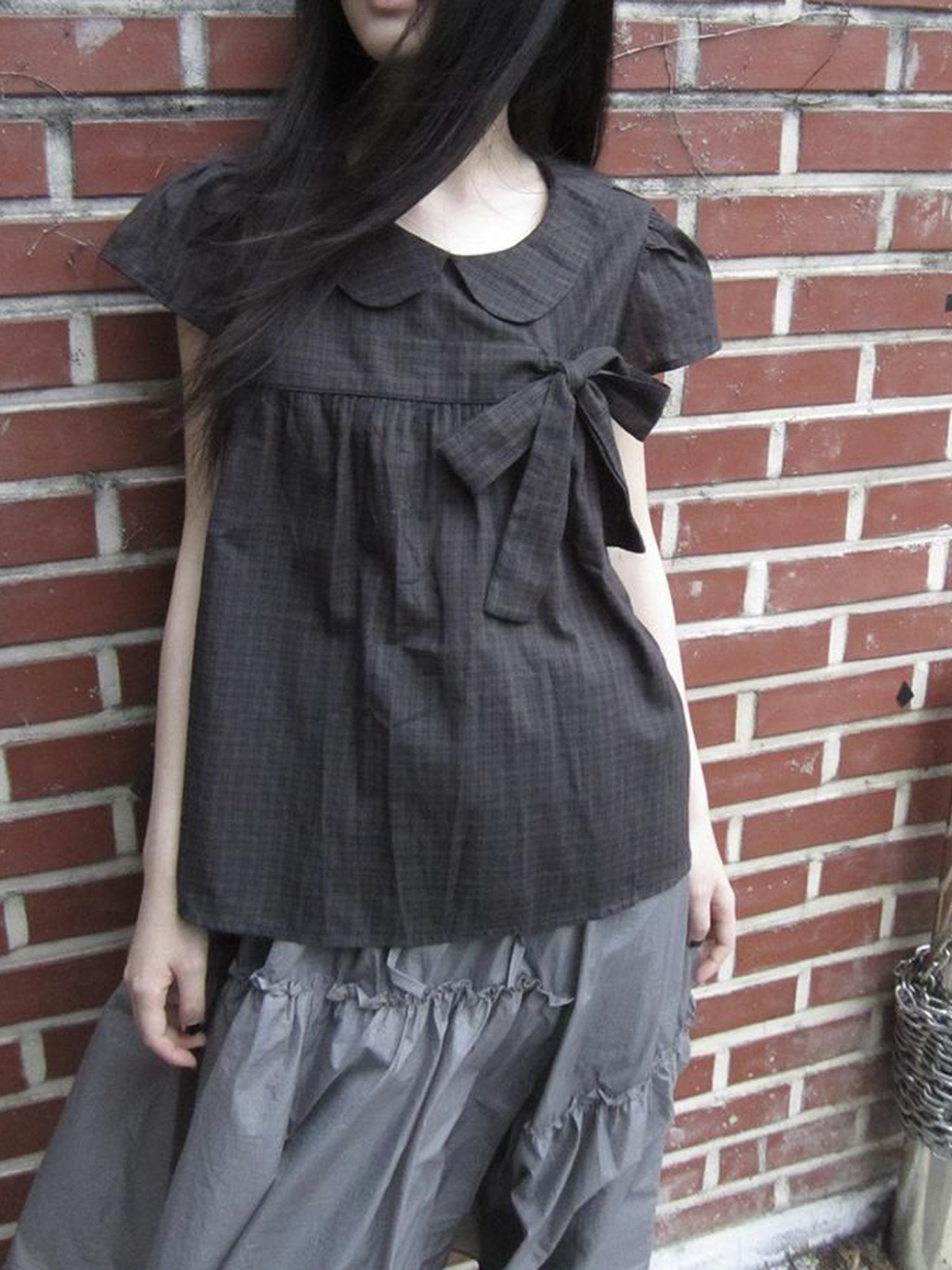 ang project Korean Retro Brown Check Bow Tie Short Sleeve Shirt