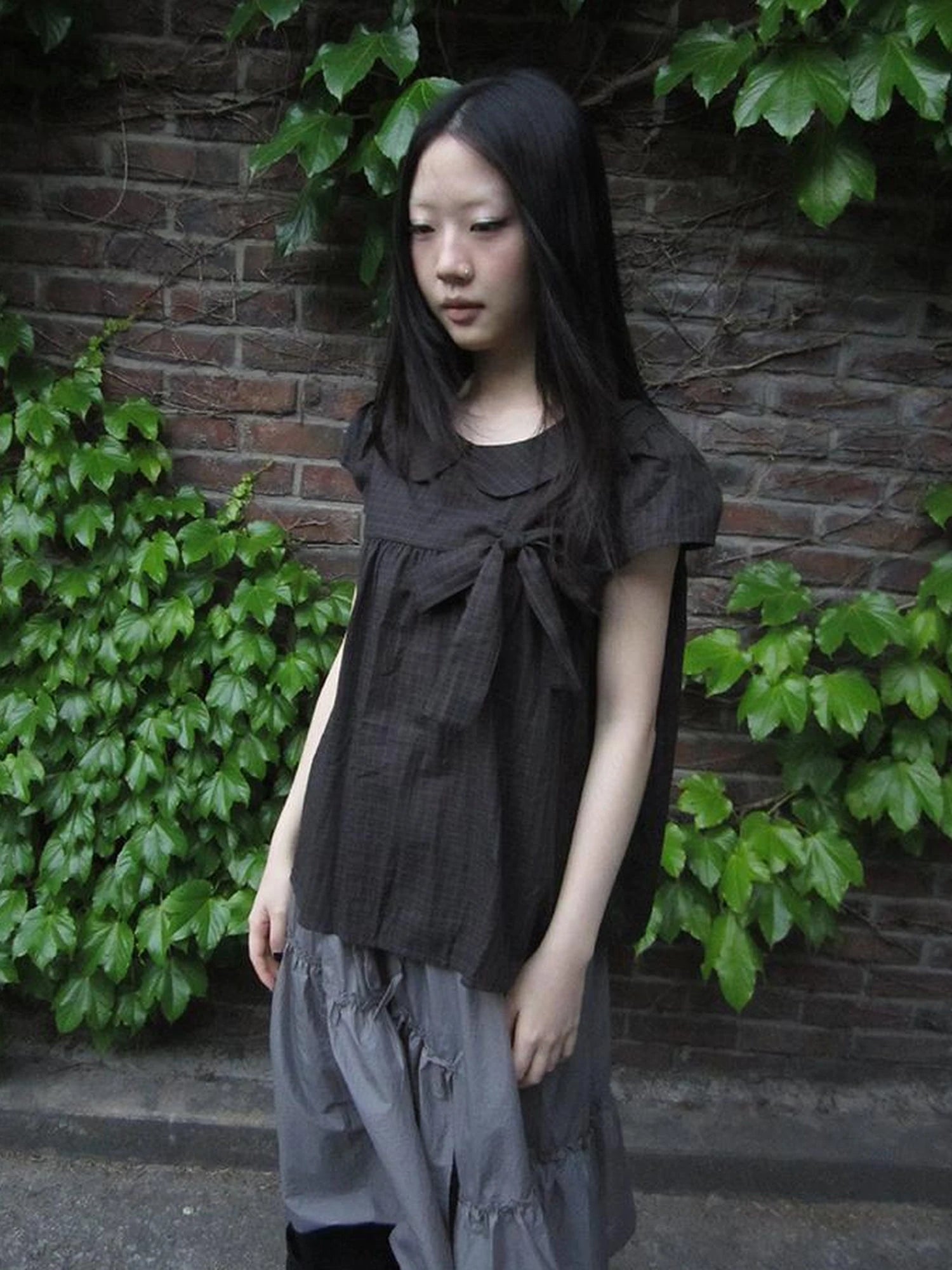 Korean Retro Brown Check Bow Tie Short Sleeve Shirt