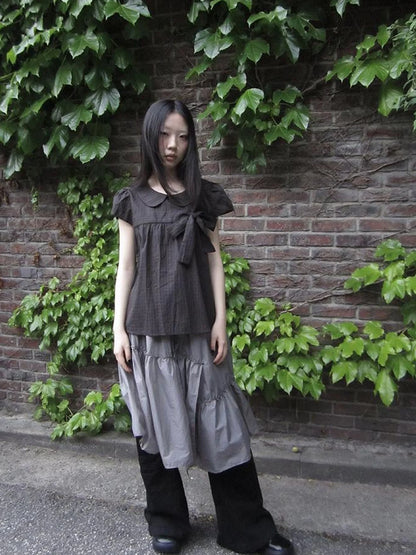 Korean Retro Brown Check Bow Tie Short Sleeve Shirt