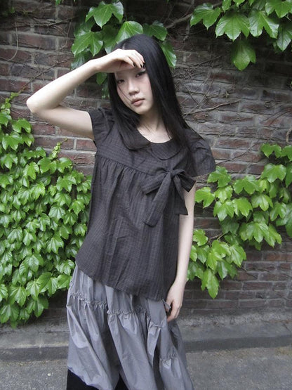 ang project Korean Retro Brown Check Bow Tie Short Sleeve Shirt