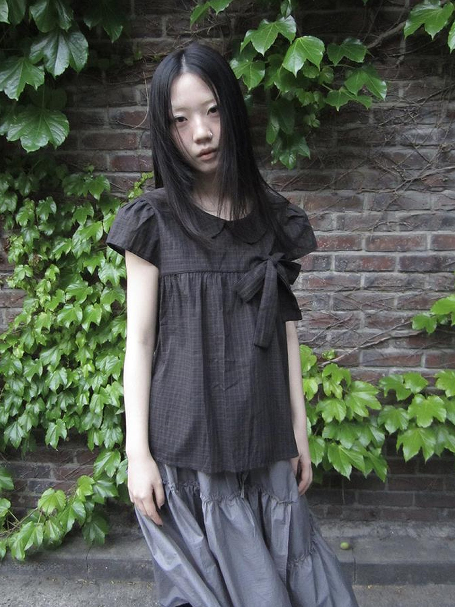 ang project Korean Retro Brown Check Bow Tie Short Sleeve Shirt