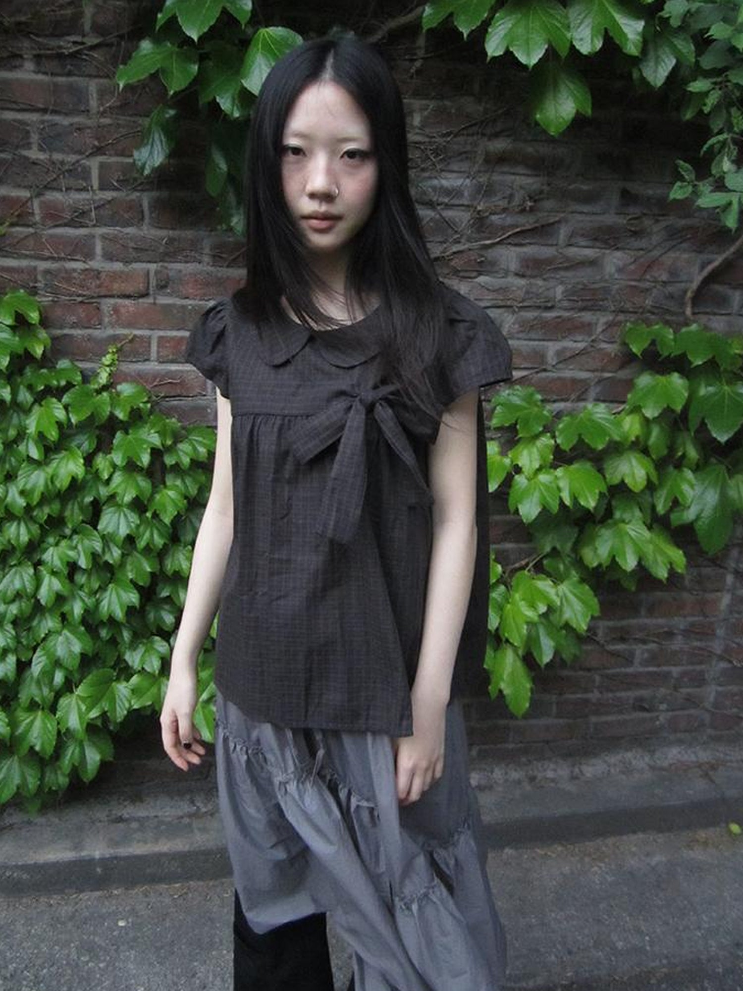 ang project Korean Retro Brown Check Bow Tie Short Sleeve Shirt