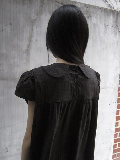 ang project Korean Retro Brown Check Bow Tie Short Sleeve Shirt