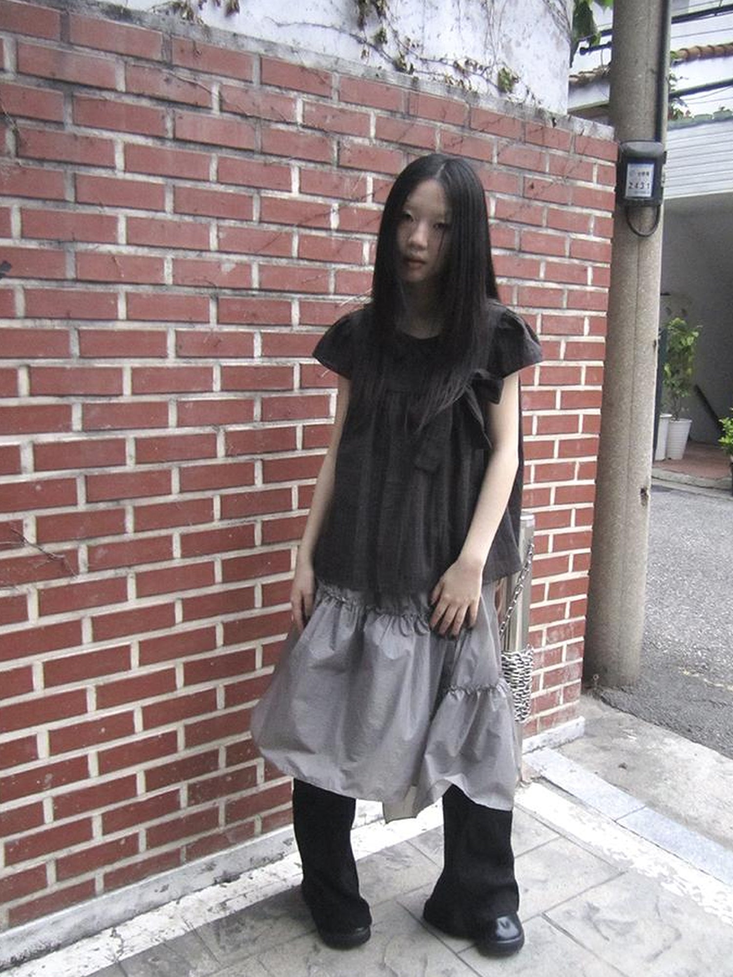 ang project Korean Retro Brown Check Bow Tie Short Sleeve Shirt