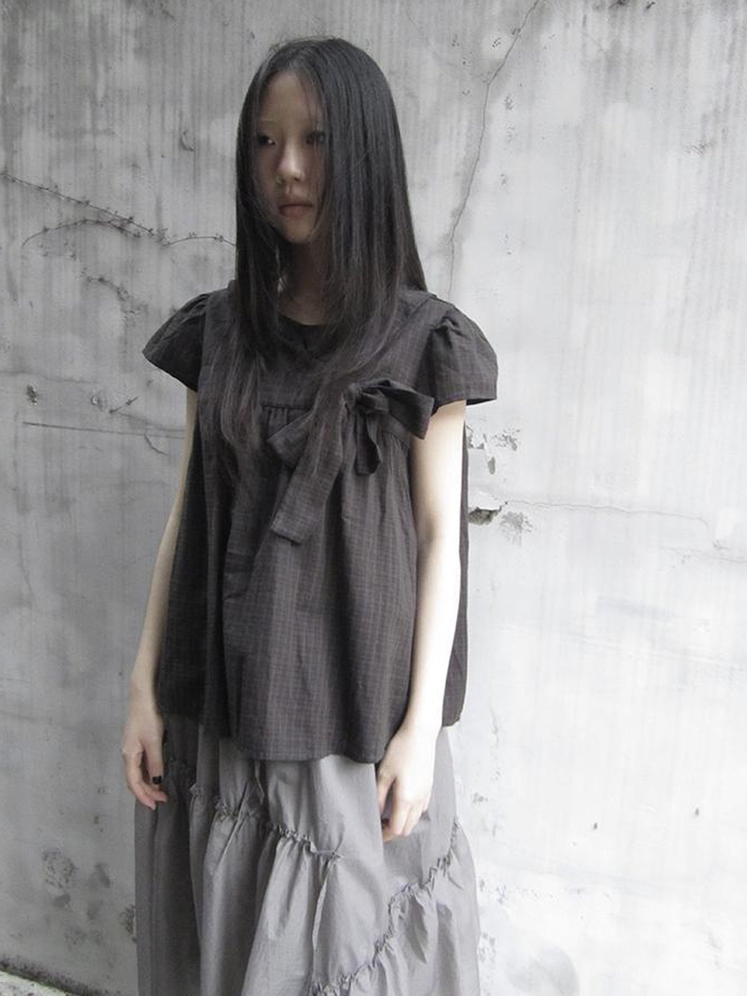 ang project Korean Retro Brown Check Bow Tie Short Sleeve Shirt