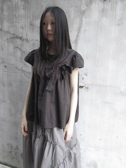 Korean Retro Brown Check Bow Tie Short Sleeve Shirt