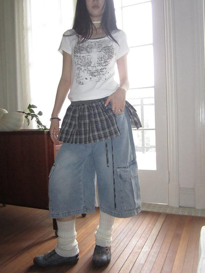 ang project Korean Retro Washed Distressed Cuffed Pocket Capri Jeans