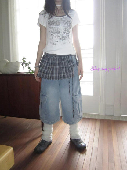 ang project Korean Retro Washed Distressed Cuffed Pocket Capri Jeans