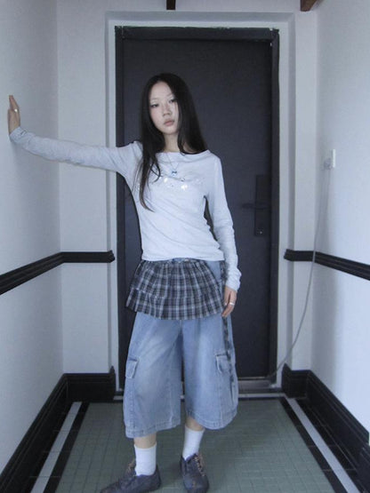 ang project Korean Retro Washed Distressed Cuffed Pocket Capri Jeans