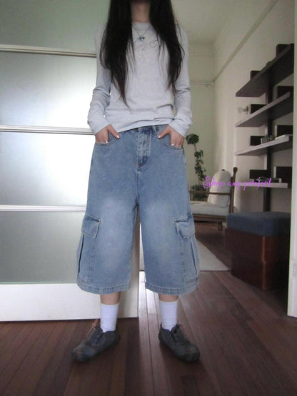 ang project Korean Retro Washed Distressed Cuffed Pocket Capri Jeans