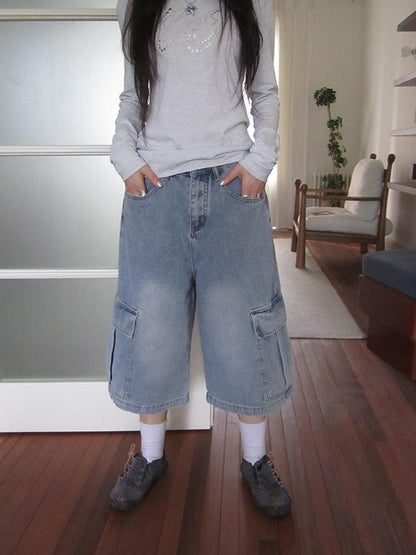 ang project Korean Retro Washed Distressed Cuffed Pocket Capri Jeans