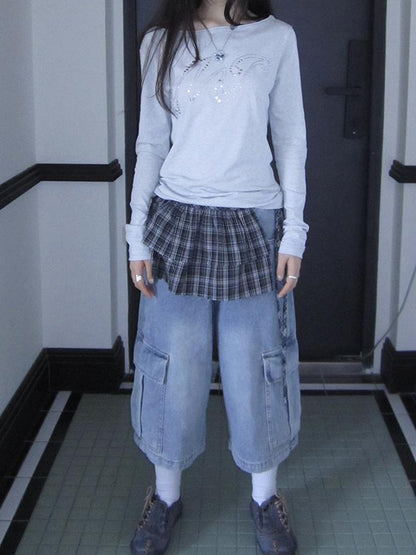 ang project Korean Retro Washed Distressed Cuffed Pocket Capri Jeans