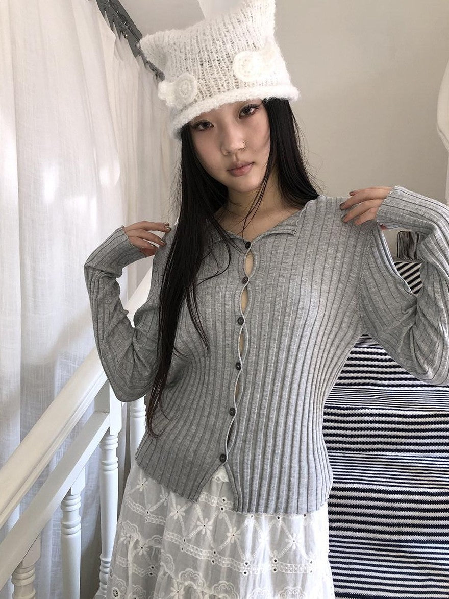 ang project Korean Ribbed V-neck Single Row Button Slim Fit Women&